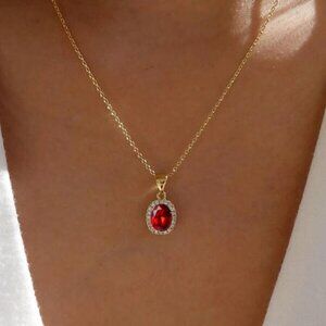 18K Gold Filled Ruby Red Oval Pendant Necklace with Halo Crystals